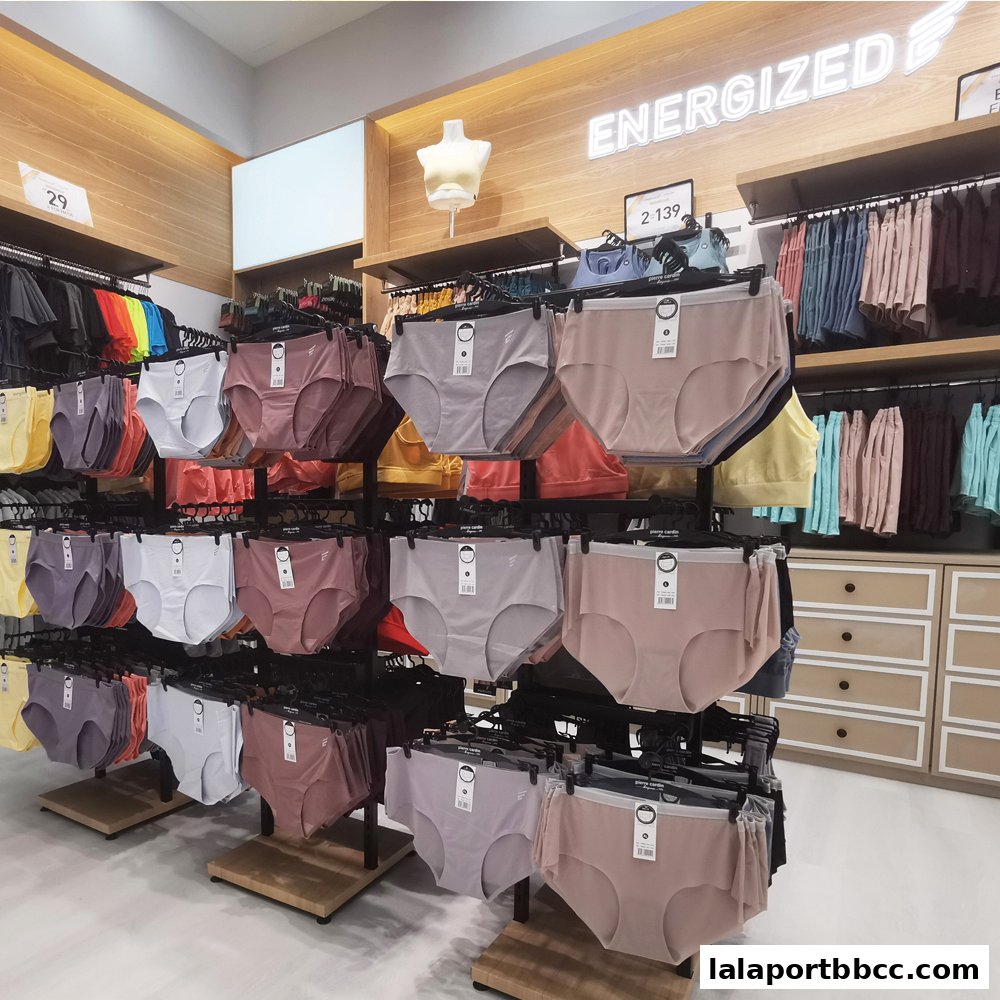 Interior view of a lingerie shop displaying various styles and colors of underwear.