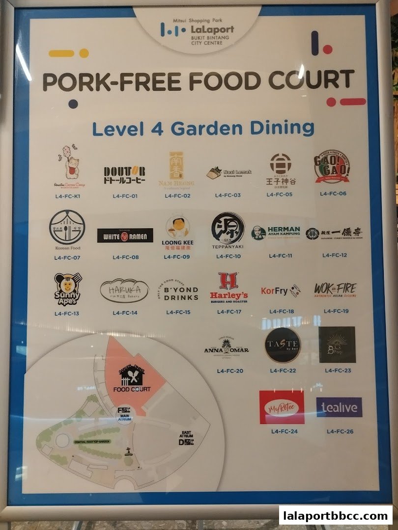 A directory of food stalls in a pork-free food court on Level 4 Garden Dining.