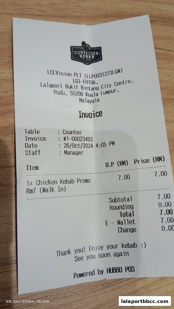 A receipt from Container Kebab showing a Chicken Kebab Promo purchase.