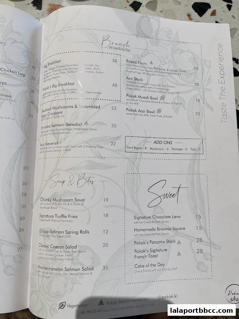A menu from POKOK LaLaport featuring brunch, soup, bites, and sweet dishes.