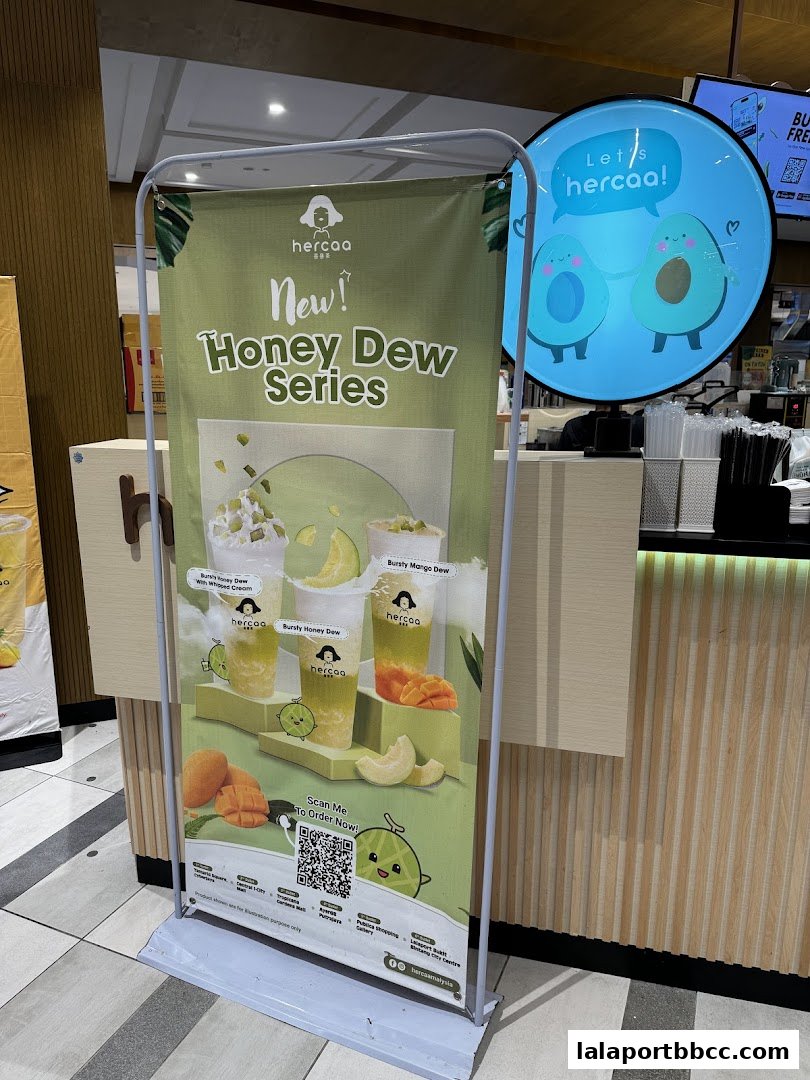 A banner advertising Hercaa's new Honey Dew Series drinks with images of the beverages.