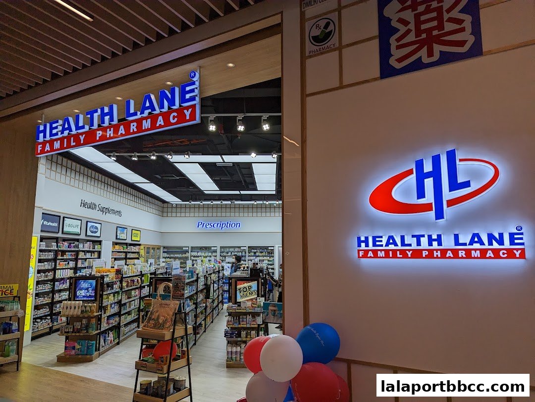The interior and exterior signage of Health Lane Family Pharmacy, showcasing products and services.