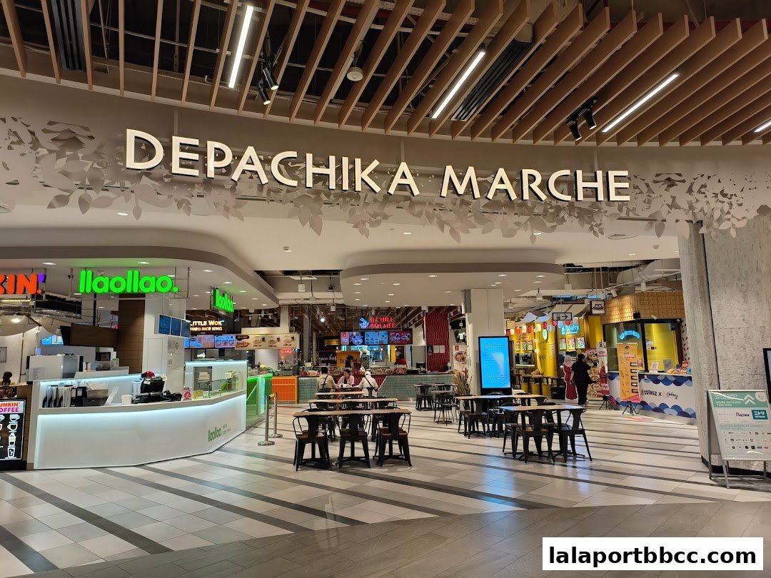 A wide shot of a food court area with various eateries and seating.