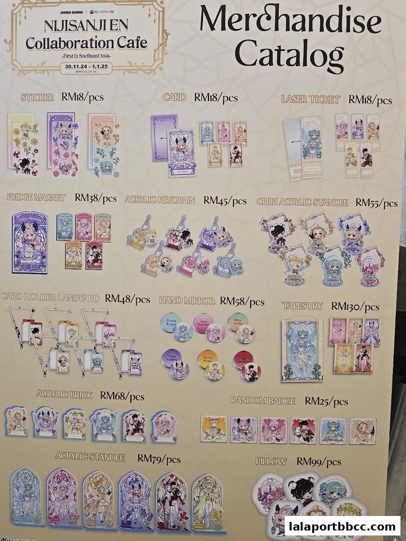 A catalog of merchandise for the Nijisanji EN Collaboration Cafe, featuring various character goods.