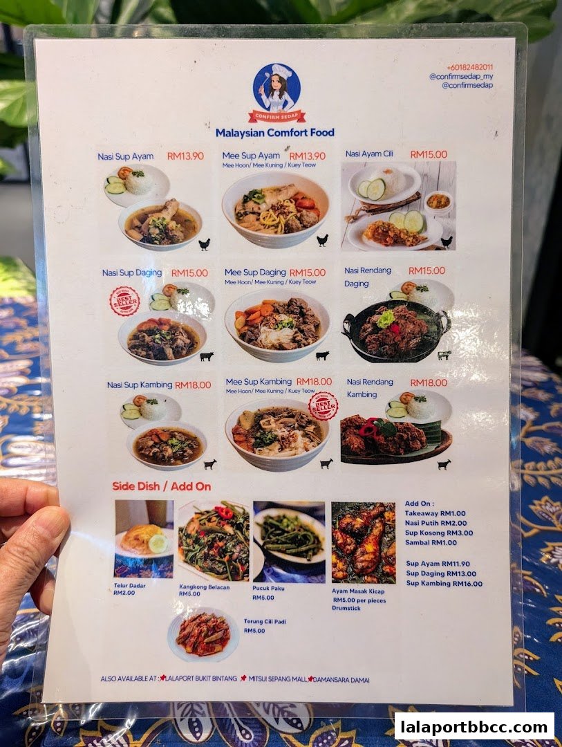 A menu from Confirm Sedap featuring Malaysian comfort food dishes with prices and images.