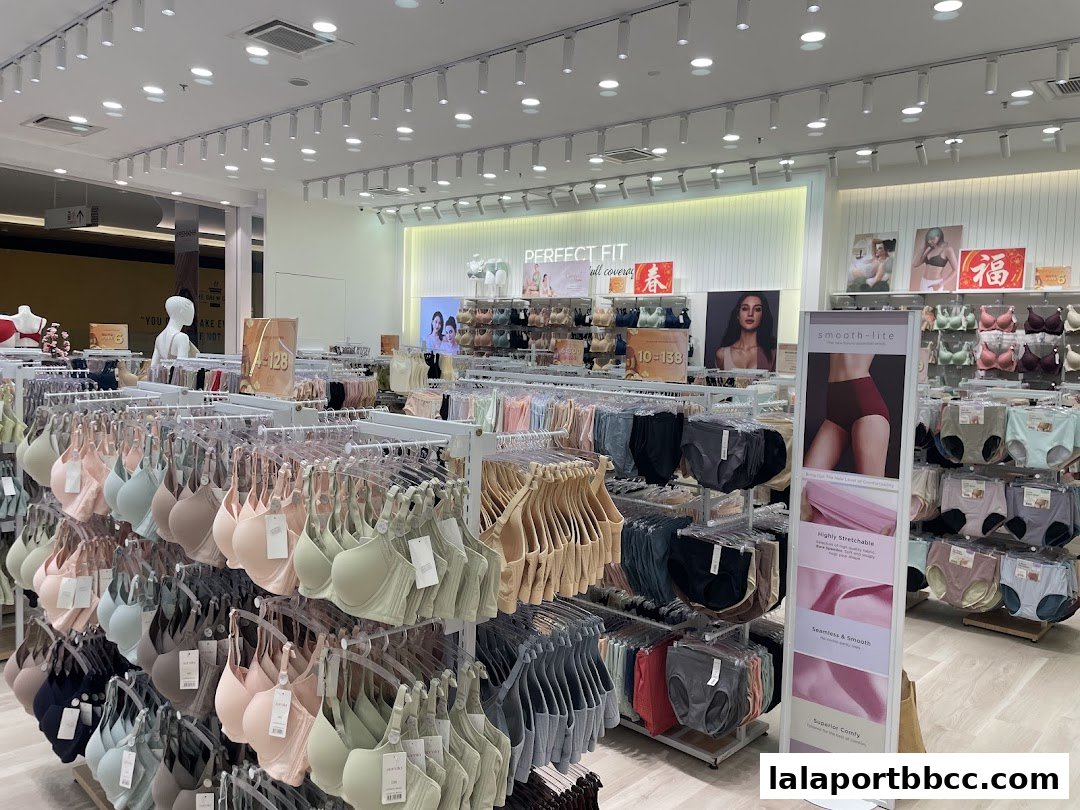 Interior view of a lingerie shop displaying a wide selection of bras and underwear.