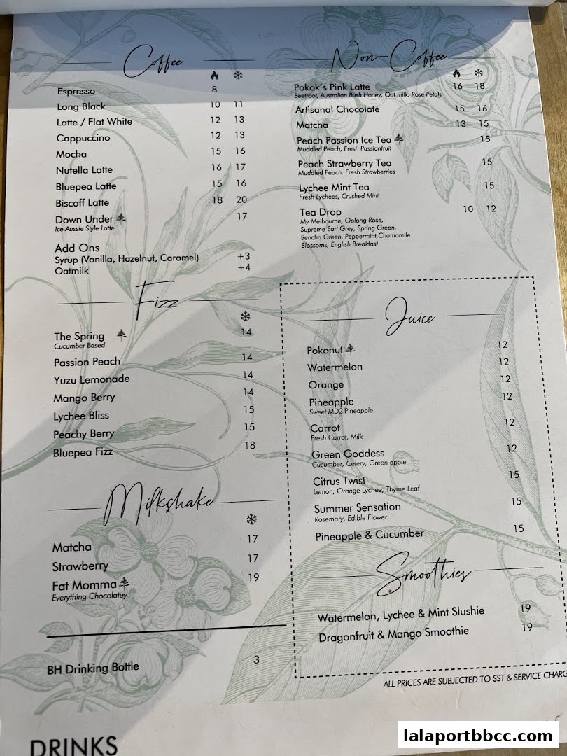 A menu from POKOK LaLaport featuring coffee, non-coffee drinks, milkshakes, juices, and smoothies.