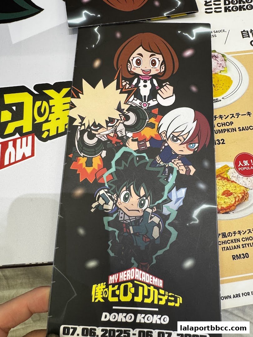 A menu featuring My Hero Academia characters and food items from Doko Koko.