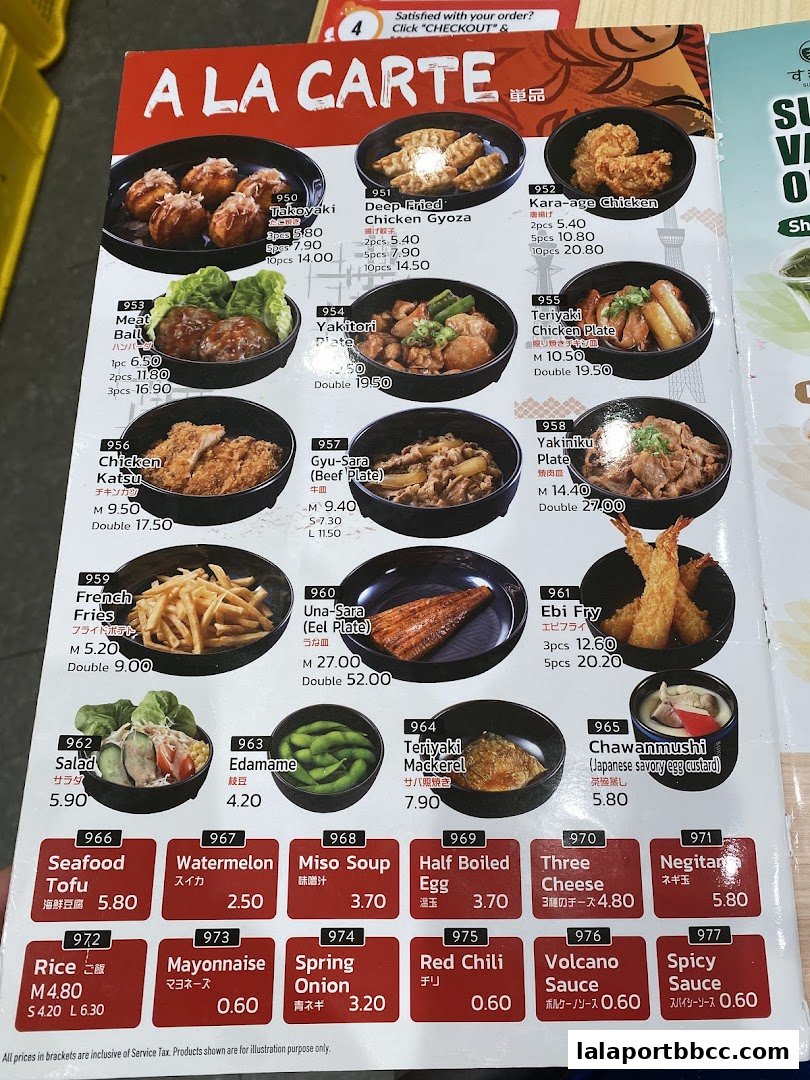 A menu from Sukiya Tokyo Bowls & Noodles featuring various Japanese dishes with prices.