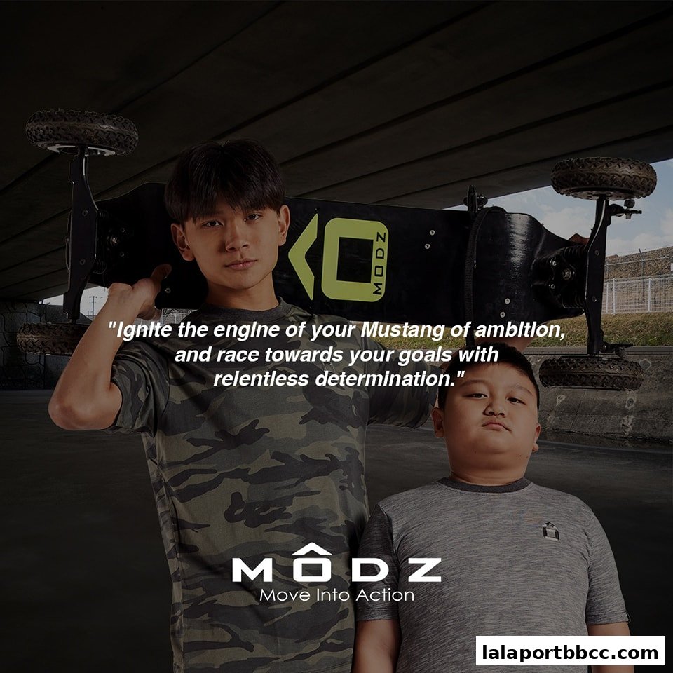 Two young people hold an electric skateboard with the MODZ logo and an inspirational quote.