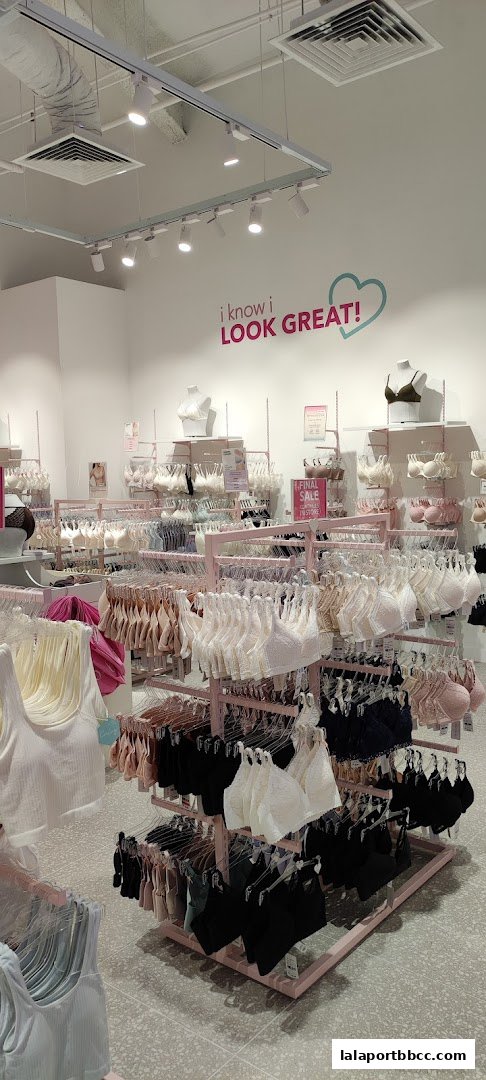 Interior view of a lingerie store with racks of bras and tank tops.