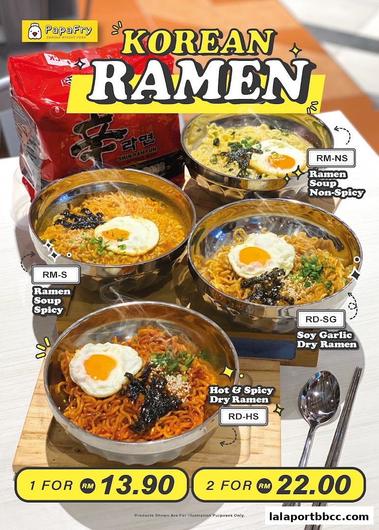 A vibrant display of four delicious Korean ramen dishes offered by PapaFry.