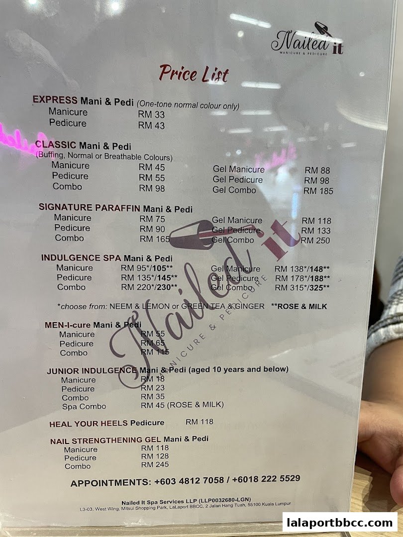 A price list for Nailed It Manicure & Pedicure services, detailing various treatments and costs.