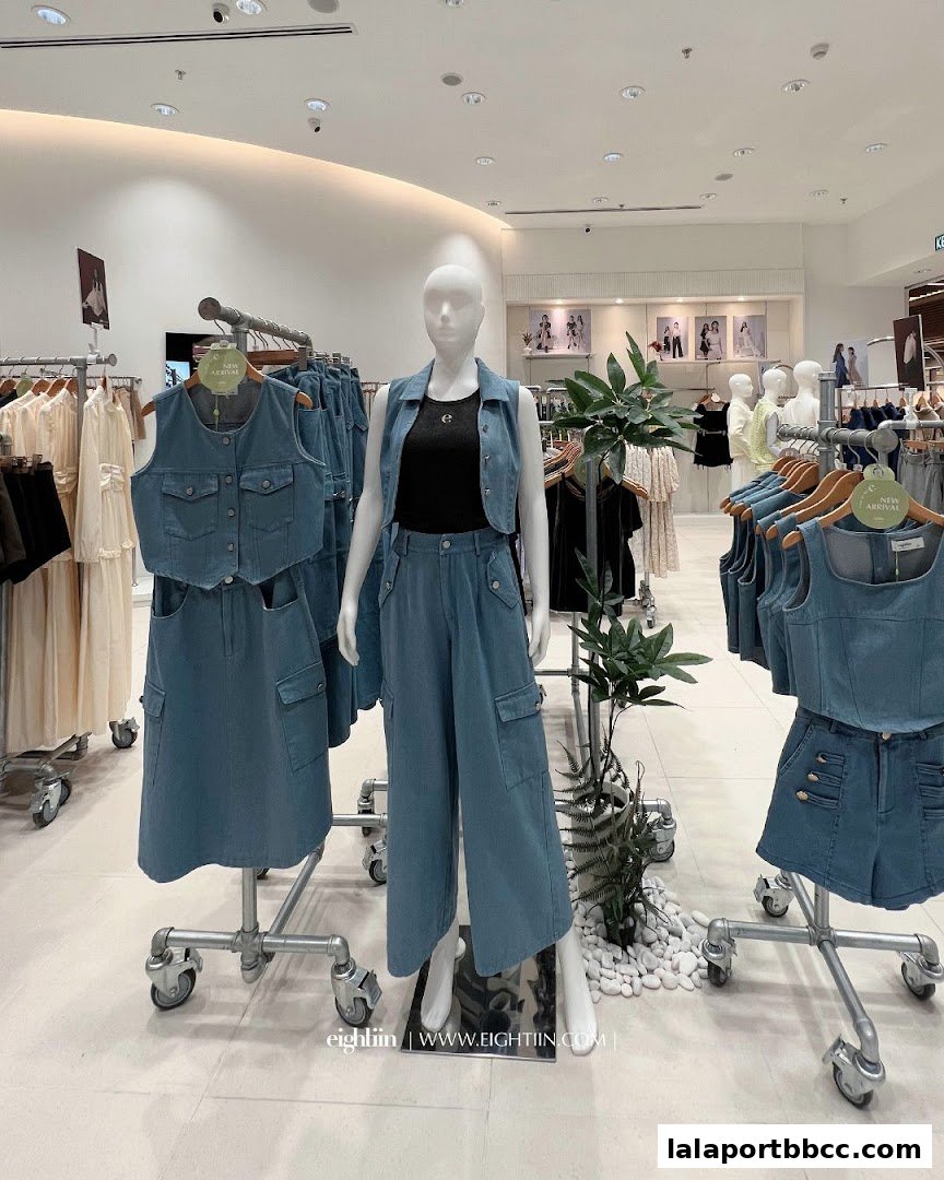 Mannequins display new denim fashion arrivals at Eightiin Fashion store.