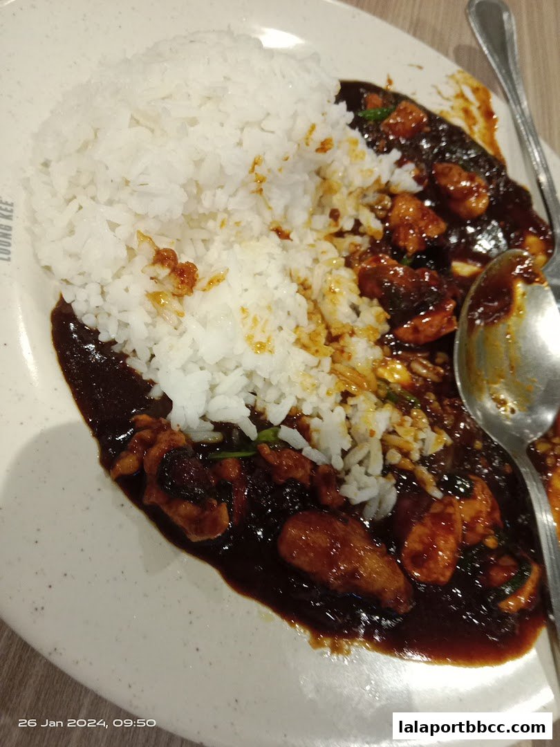 A plate of white rice served with dark sauced meat and a spoon.