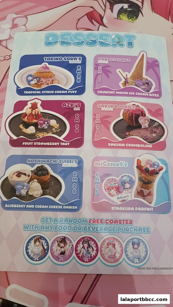 A menu featuring various desserts with anime-inspired names and illustrations.