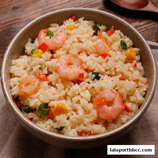 A close-up shot of a bowl of shrimp fried rice with vegetables.