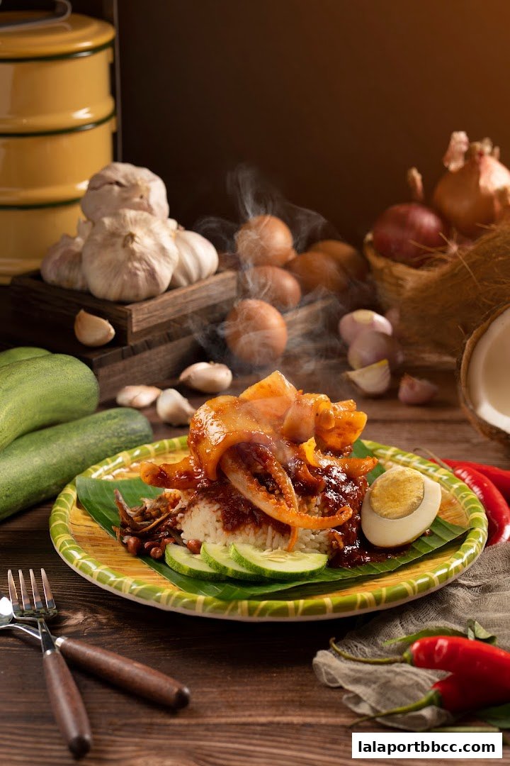 A steaming plate of Nasi Lemak with squid, served with cucumber, egg, and chili.