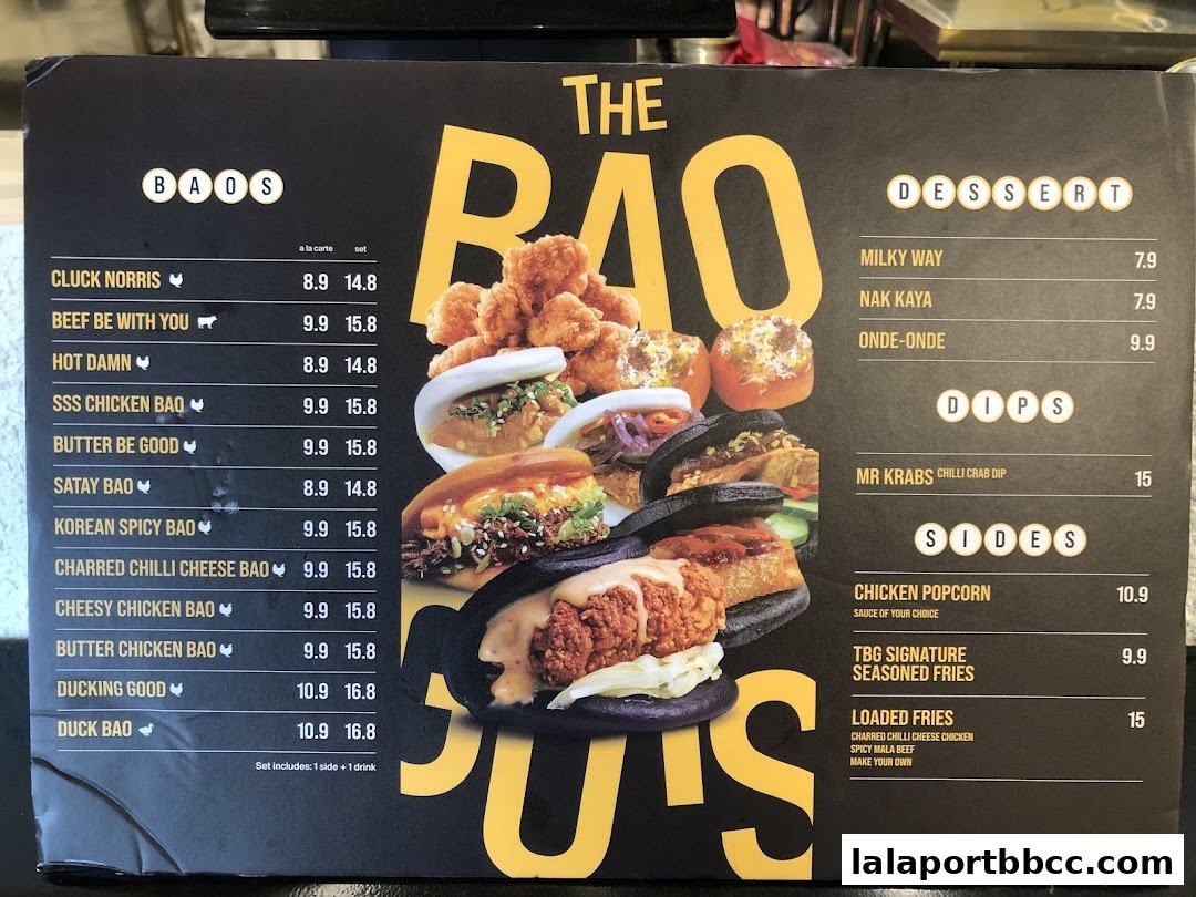 A menu from The Bao Guys featuring various bao options, desserts, dips, and sides.