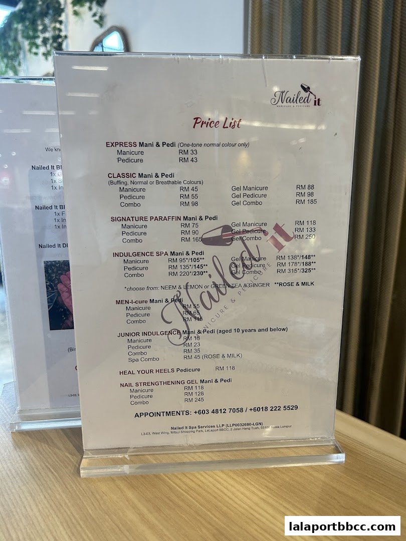 A price list for Nailed It Manicure & Pedicure services, detailing various treatments and costs.