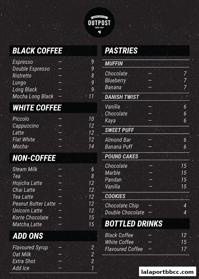 A menu for BGA Outpost featuring coffee, pastries, cakes, cookies, and bottled drinks.