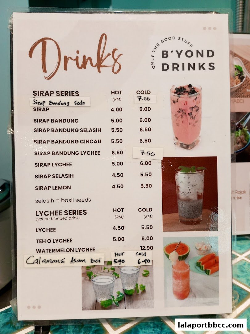 A menu board displaying various drinks with prices, including a 'Sirap Series' and 'Lychee Series'.