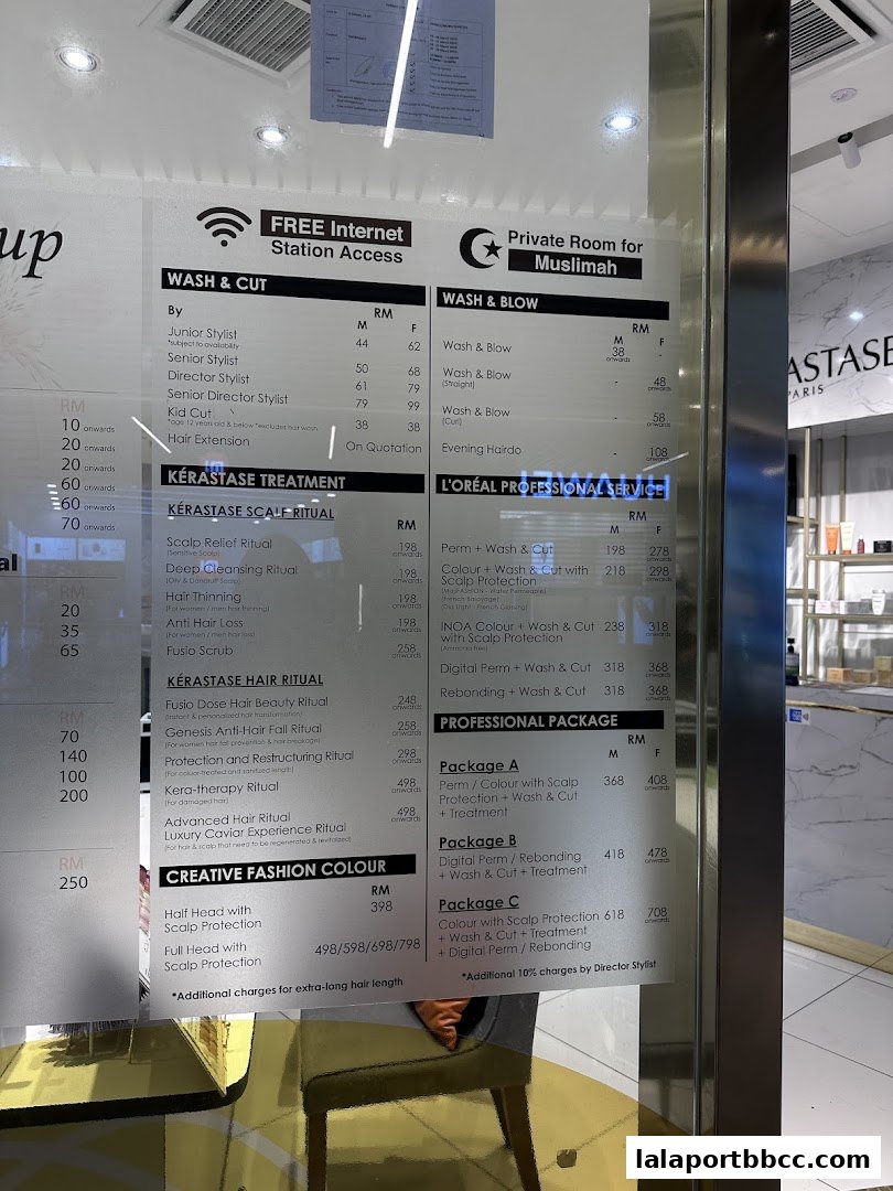 A price list menu for a hair salon, detailing various treatments and services offered.