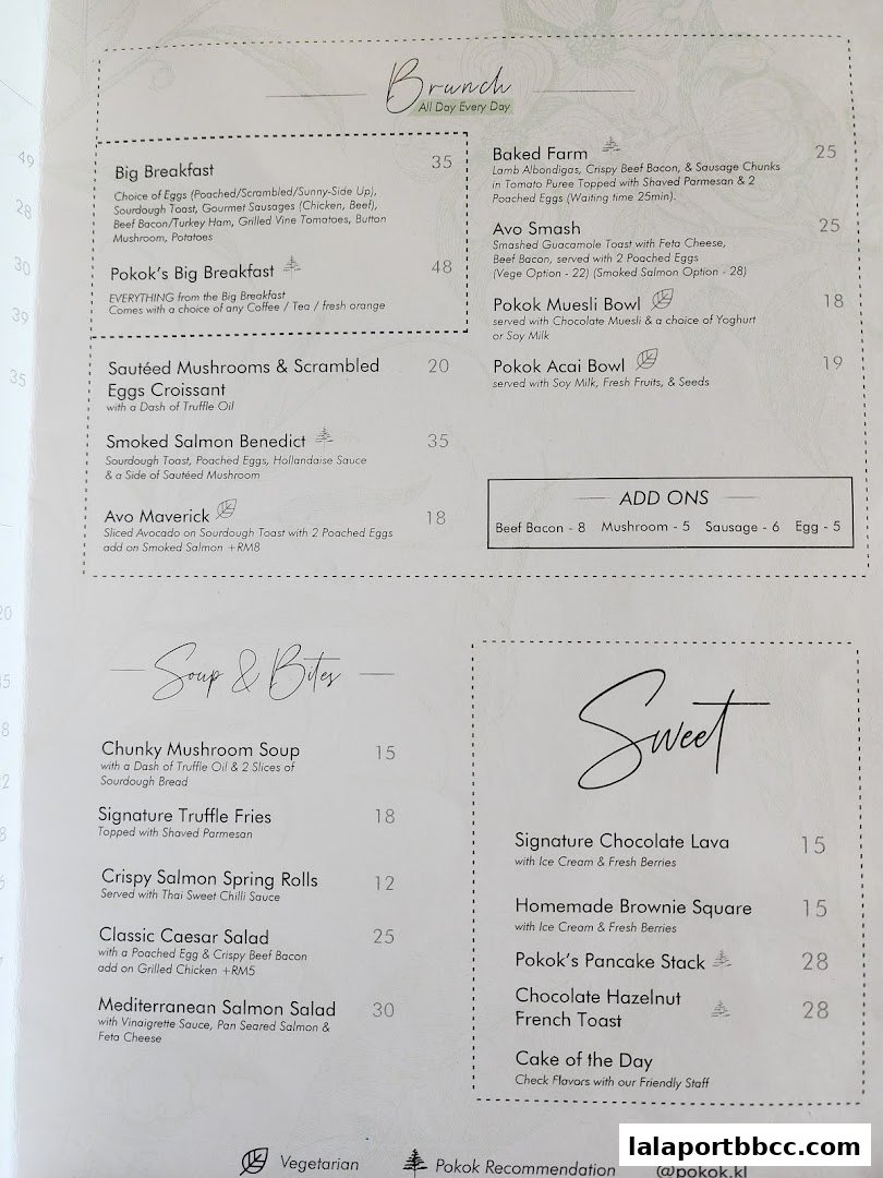 A menu from POKOK LaLaport featuring brunch, soup & bites, and sweet dishes.
