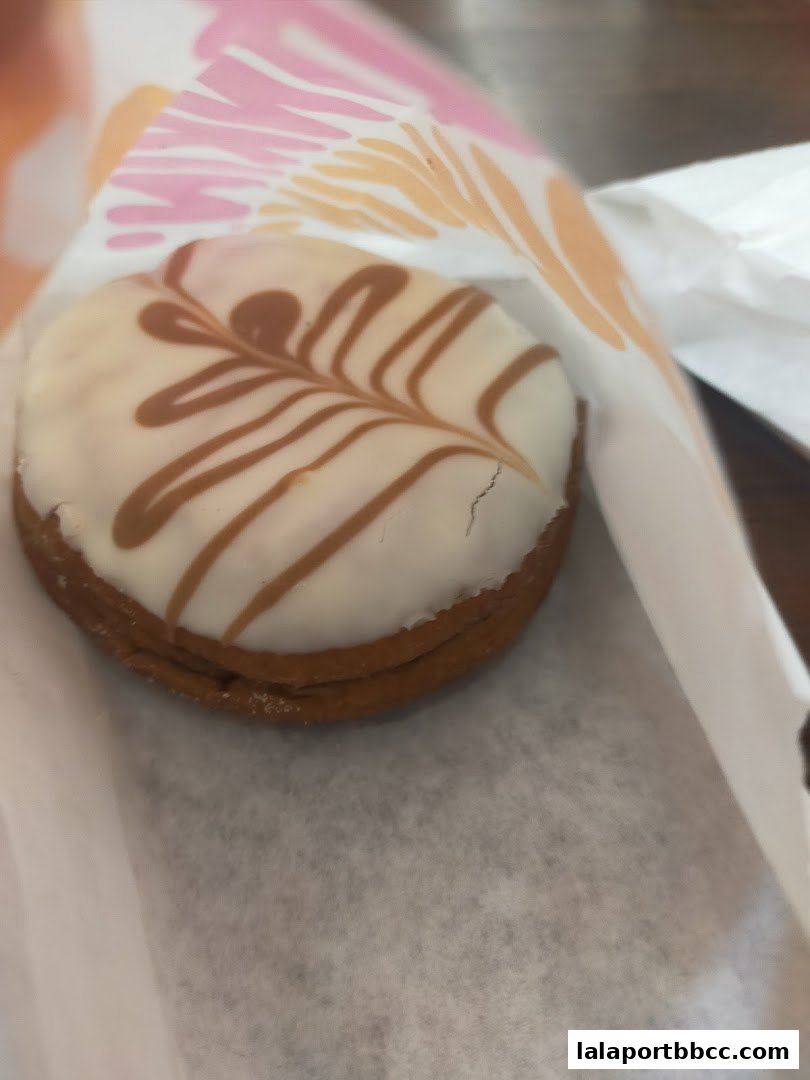 A close-up of a white iced donut with brown drizzle, presented in a Dunkin' Donuts bag.