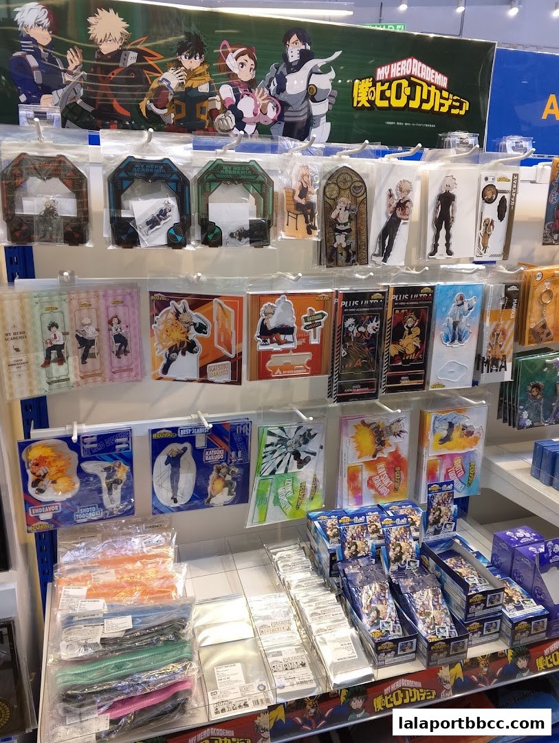 A display of anime merchandise, primarily featuring characters from My Hero Academia.