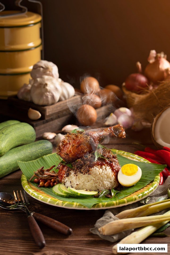 A steaming plate of Nasi Lemak with fried chicken, egg, and accompaniments.