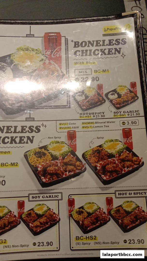 A menu showcasing PapaFry's boneless chicken with various flavors and meal options.