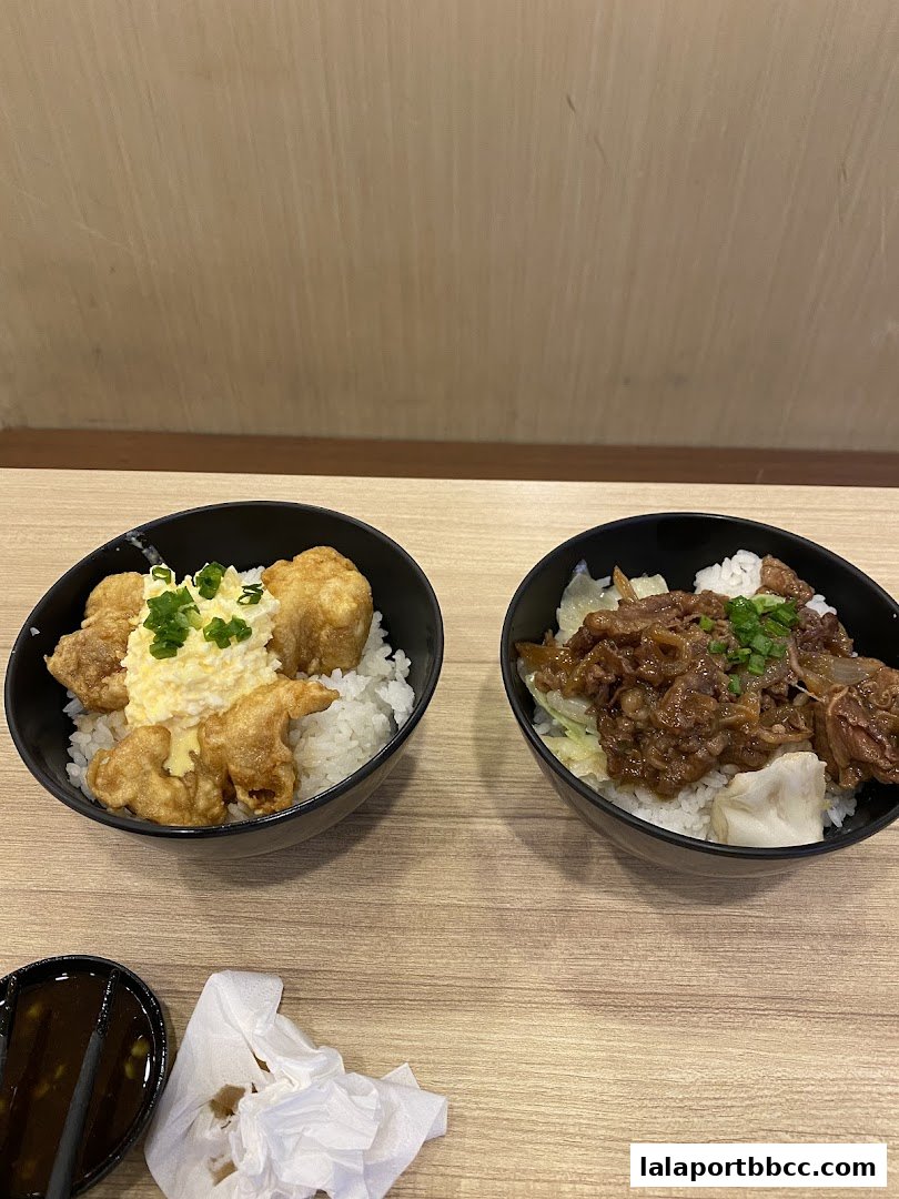 Two bowls of Japanese rice bowls with toppings, one with fried chicken and sauce, the other with beef.