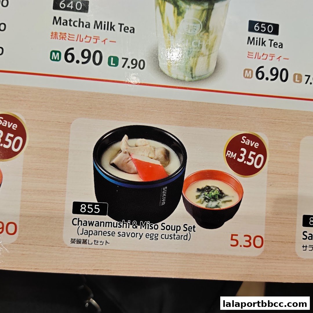 A menu item featuring a Chawanmushi and Miso Soup Set with a special offer.