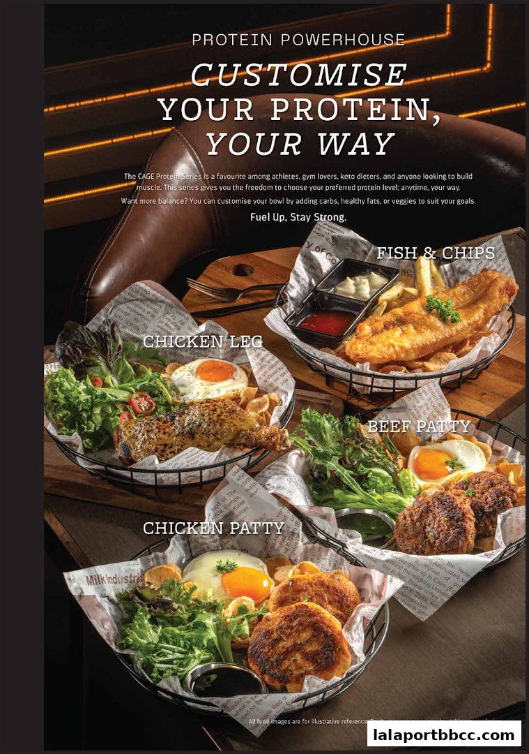 A spread of protein-rich meals including chicken leg, beef patty, chicken patty, and fish and chips.