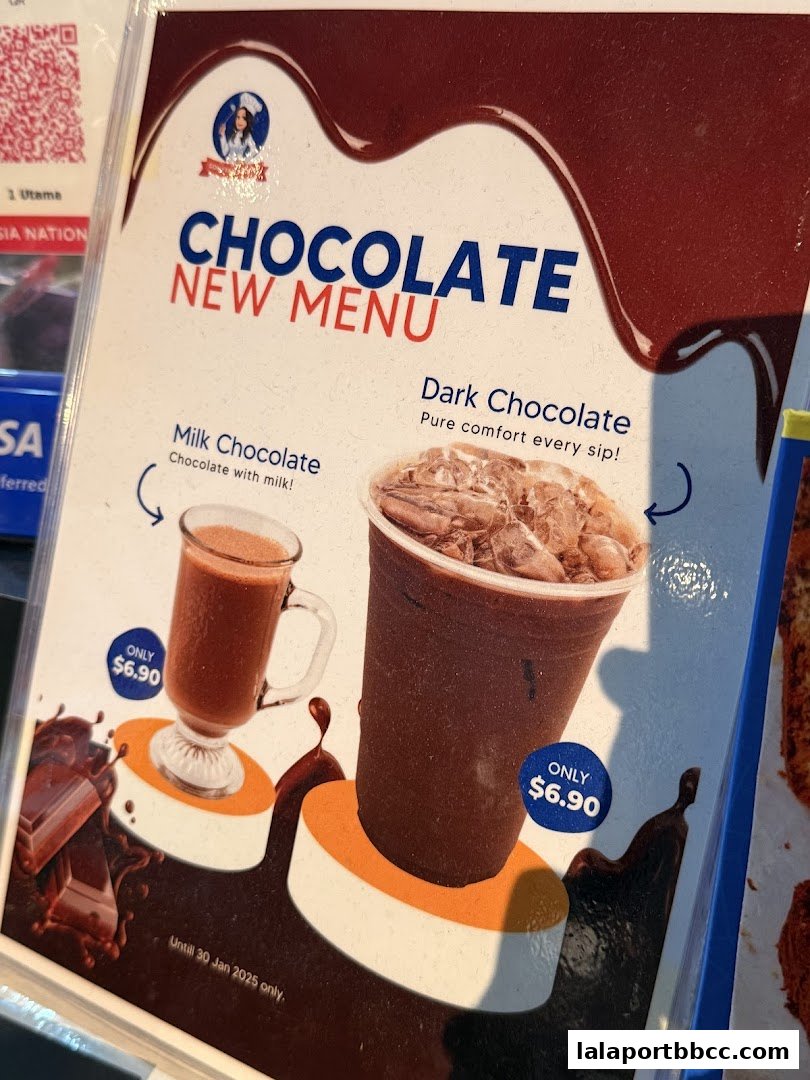 A menu showcasing new chocolate drinks, including milk and dark chocolate options.