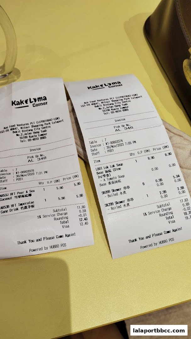Two receipts from Kaki Lima Corner showing food and drink orders with prices.