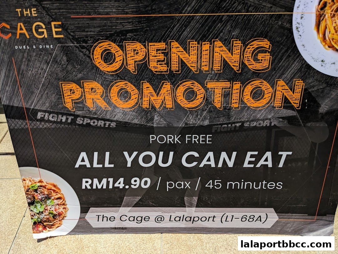 A promotional banner for The Cage restaurant offering an all-you-can-eat pork-free promotion.