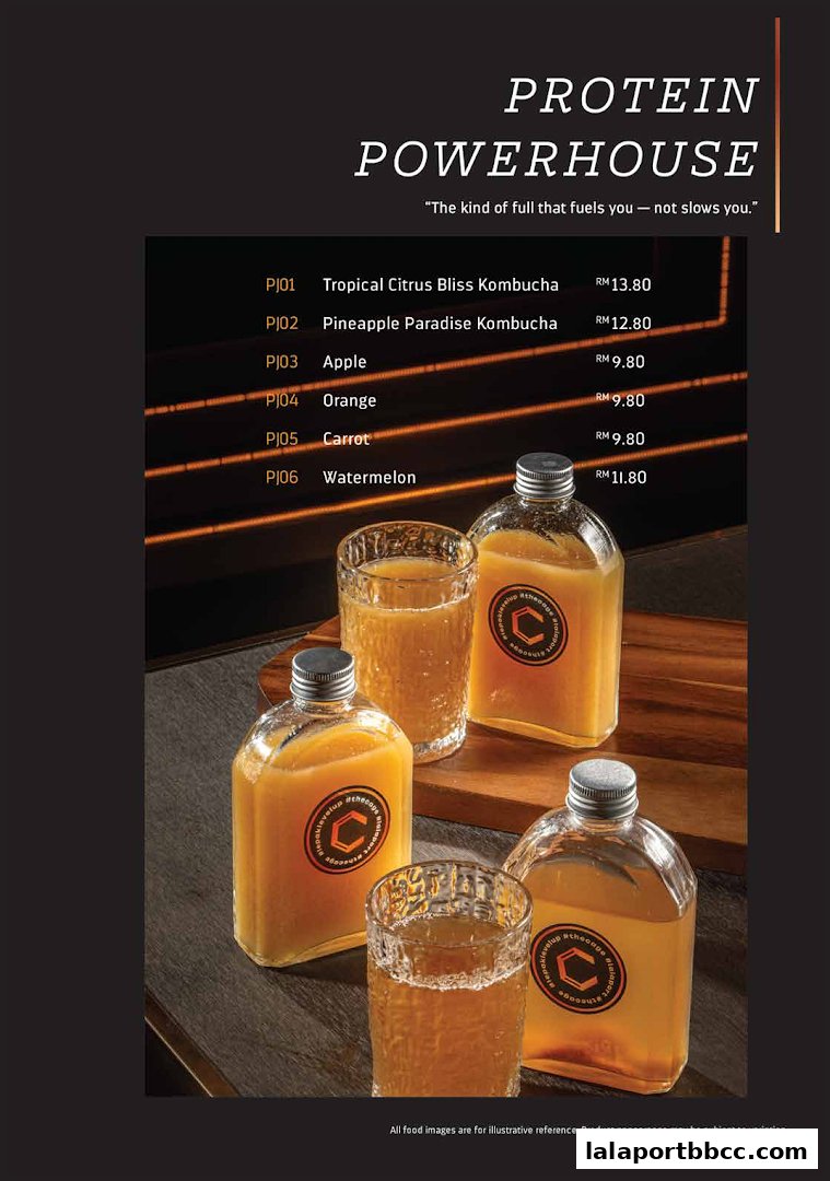 A menu featuring various kombucha flavors and juices with prices.