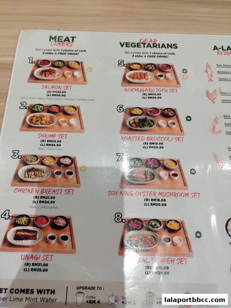A menu featuring various set meals for meat lovers and vegetarians, with prices and descriptions.