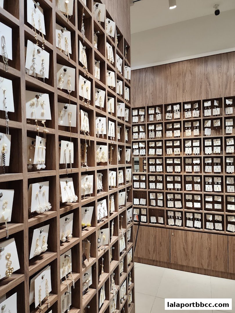 A well-organized display of various earrings and jewelry in a retail store.