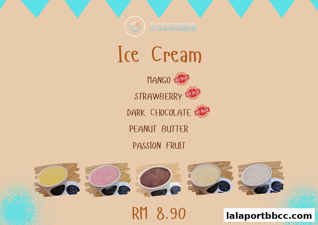 Ice Cream menu from Iceberg LaLaport featuring popular flavors and prices.