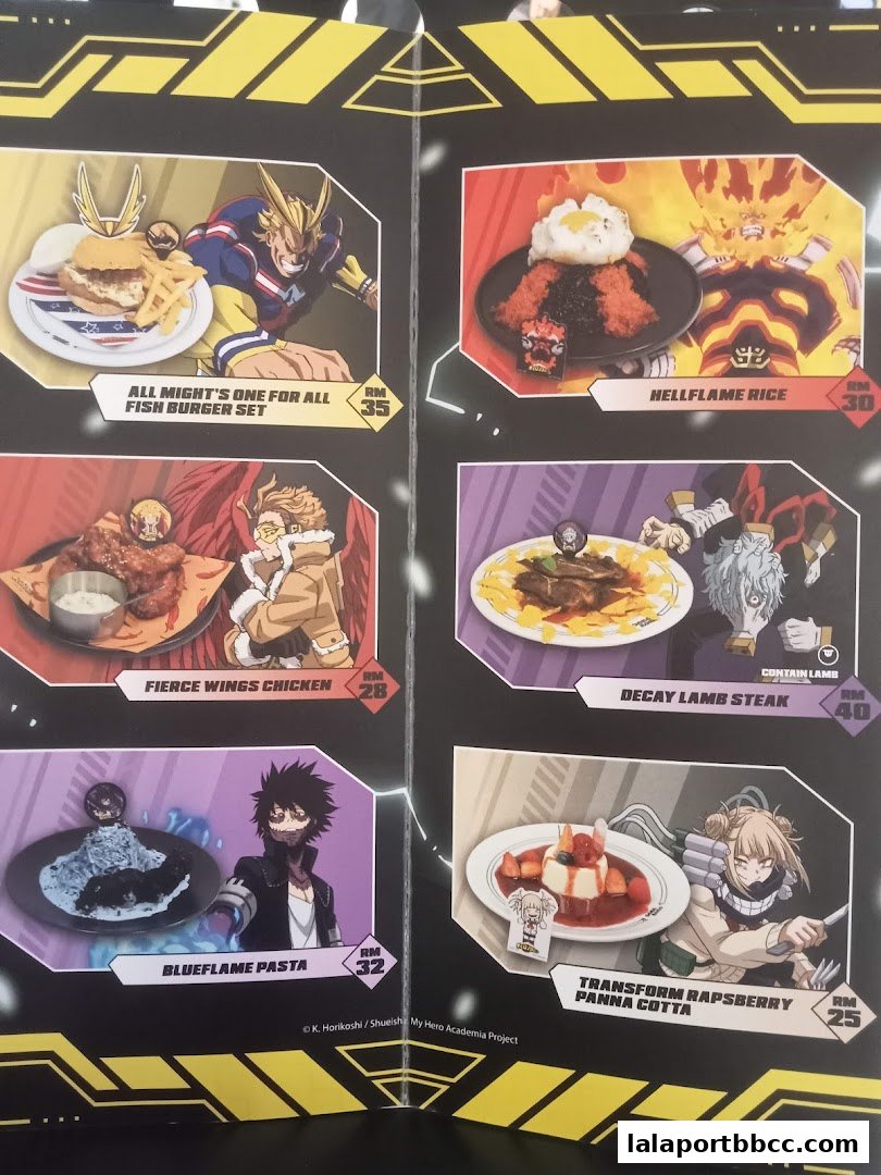 A menu featuring anime-themed food items with character illustrations.