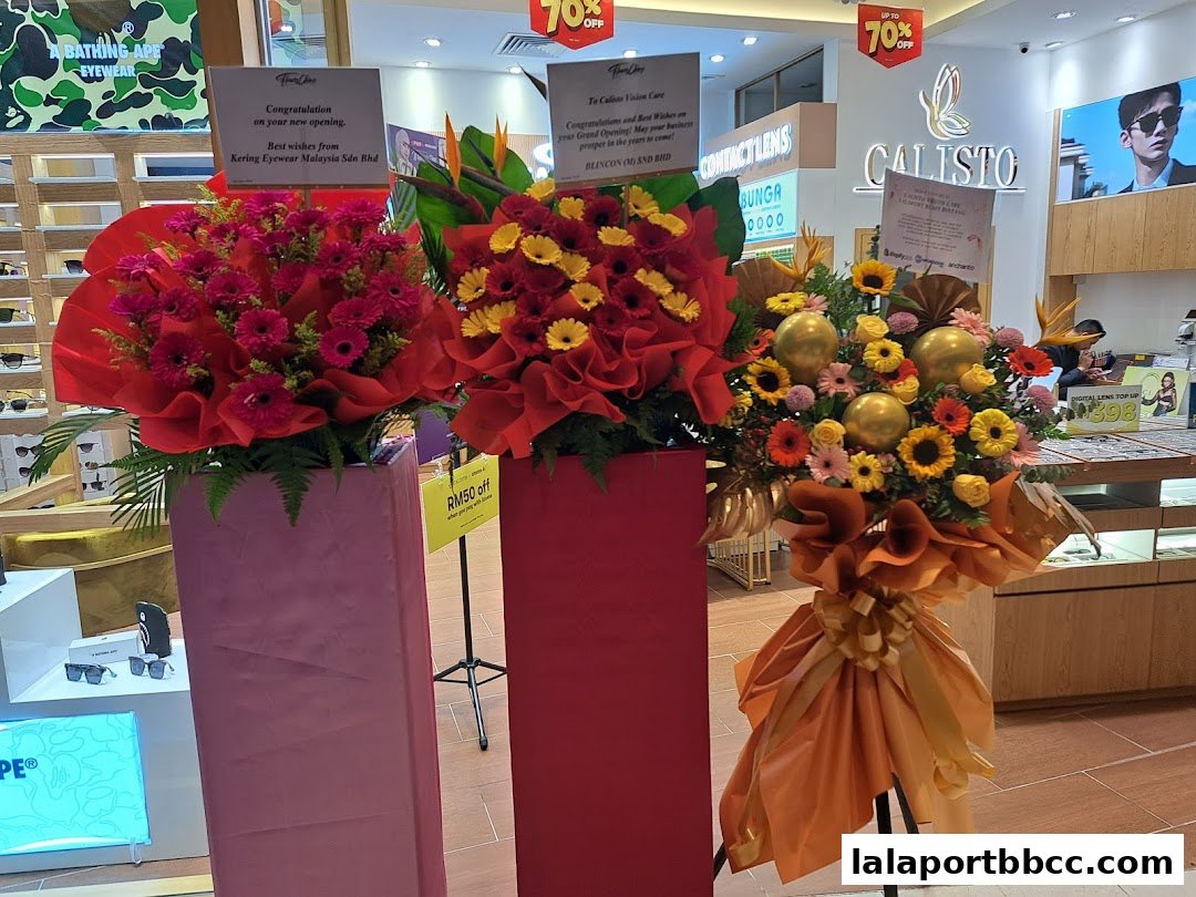 Shop front with floral arrangements and promotional signs for Calisto Vision Care.