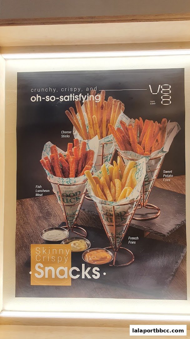 A poster advertising various types of crispy fries and snacks with dipping sauces.