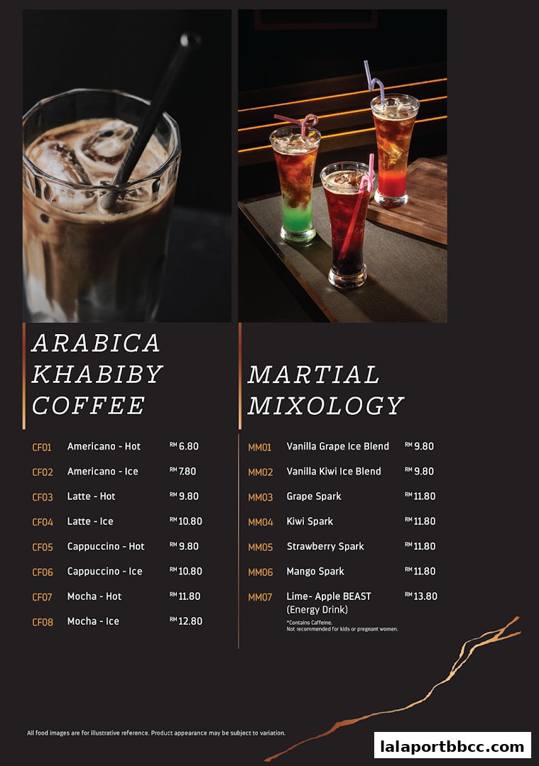 A menu showcasing coffee and mixed drinks with prices.