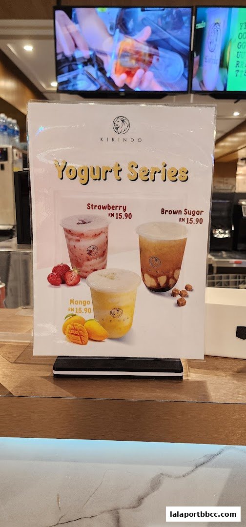 A menu featuring Kirindo's Yogurt Series with Strawberry, Brown Sugar, and Mango flavors.