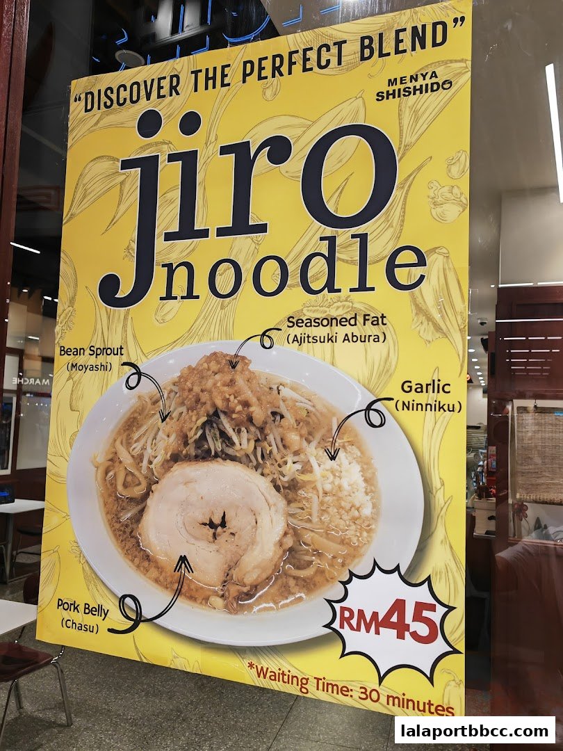 A poster advertising a "Jiro Noodle" dish with detailed ingredients and price.