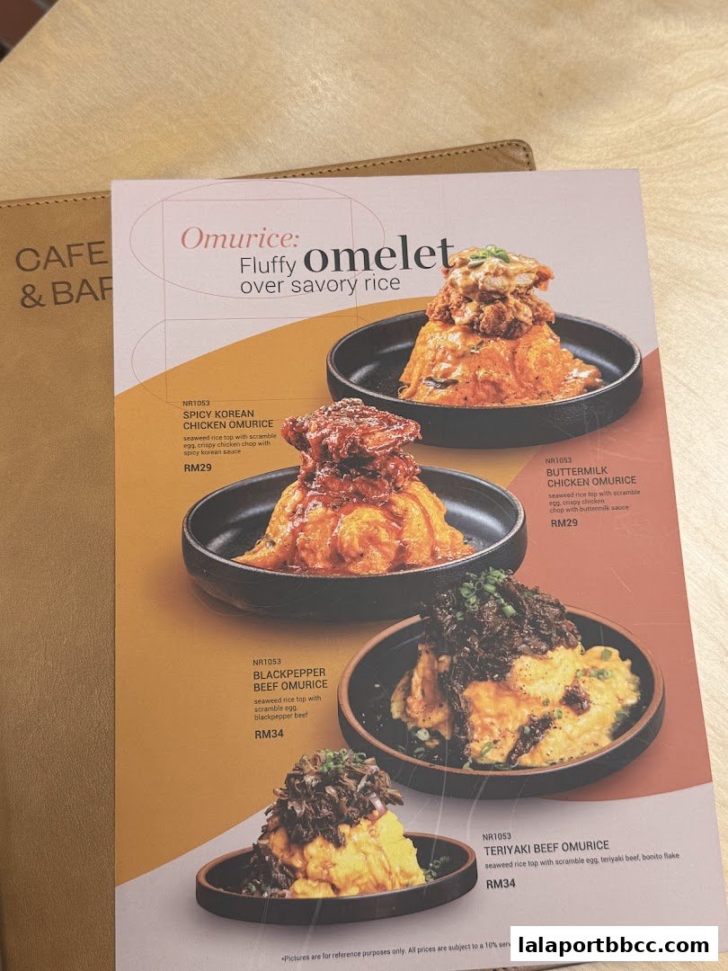 A menu featuring various omurice dishes with descriptions and prices.