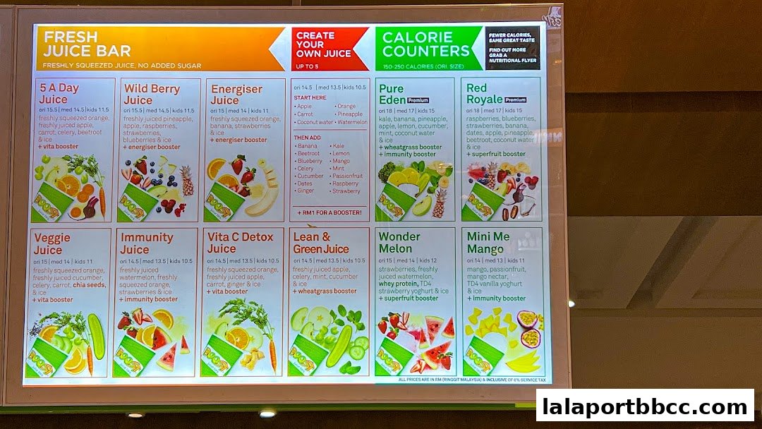 A brightly lit menu board showcasing various fresh juice options and their ingredients.